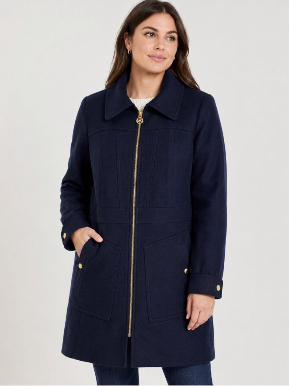 Michael Kors Navy Zip-Front Wool Coat with Button Cuff Detail